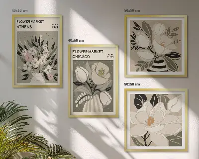 Set de 4 cuadros decorativos para salón con estampados florales de estilo retro inspirados en diferentes ciudades