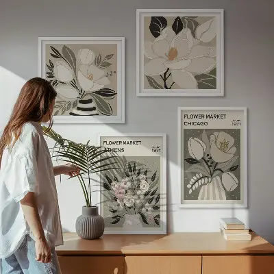 Set de 4 cuadros decorativos para salón con estampados florales de estilo retro inspirados en diferentes ciudades