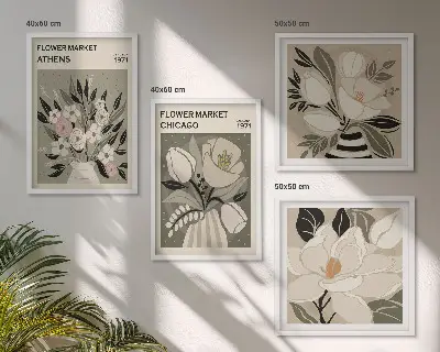 Set de 4 cuadros decorativos para salón con estampados florales de estilo retro inspirados en diferentes ciudades