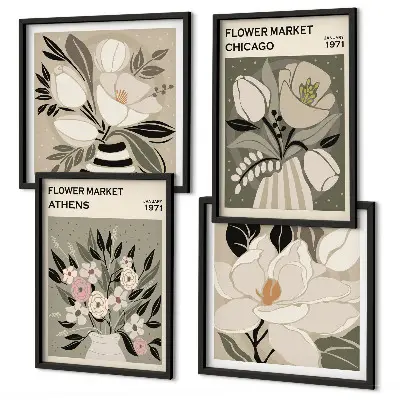 Set de 4 cuadros decorativos para salón con estampados florales de estilo retro inspirados en diferentes ciudades
