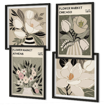 Set de 4 cuadros para salón Estampados florales retro de diferentes ciudades