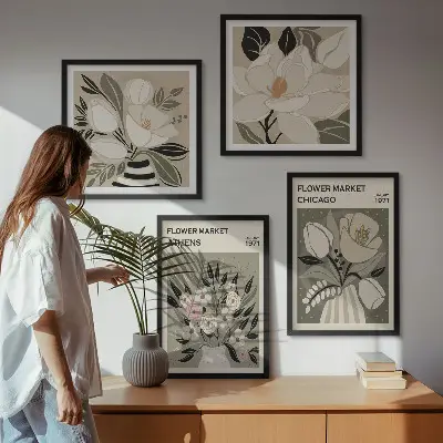 Set de 4 cuadros decorativos para salón con estampados florales de estilo retro inspirados en diferentes ciudades