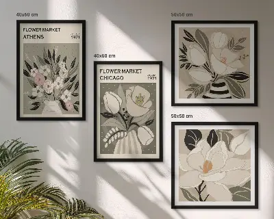 Set de 4 cuadros decorativos para salón con estampados florales de estilo retro inspirados en diferentes ciudades
