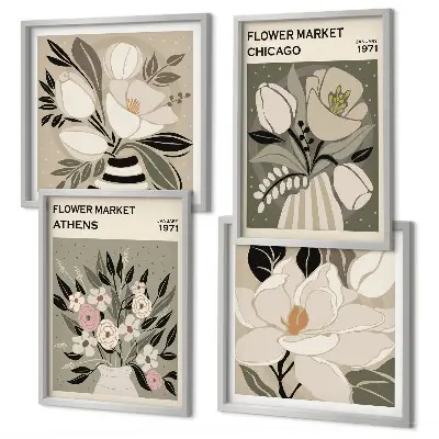 Set de 4 cuadros decorativos para salón con estampados florales de estilo retro inspirados en diferentes ciudades