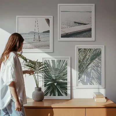 Set de cuadros modernos para salón diseño de puente colgante con hojas de palmera