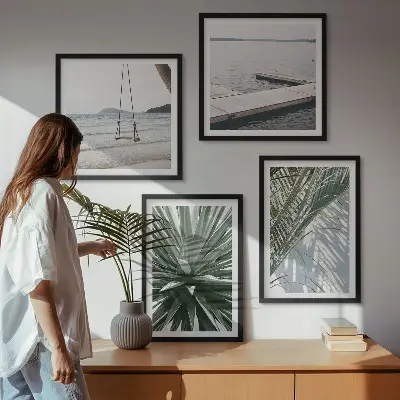 Set de cuadros modernos para salón diseño de puente colgante con hojas de palmera
