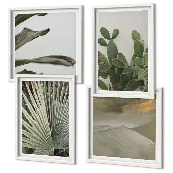 Set de 4 cuadros para salón con hojas de plantas tropicales en tonos pastel