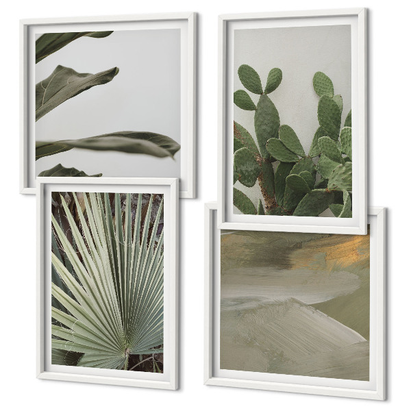 Set de 4 cuadros para salón Hojas de plantas tropicales en tonos pastel