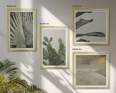 Set de 4 cuadros para salón con hojas de plantas tropicales en tonos pastel