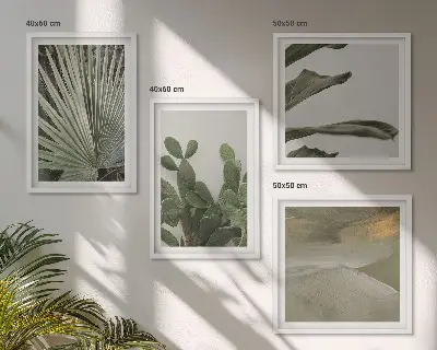 Set de 4 cuadros para salón con hojas de plantas tropicales en tonos pastel