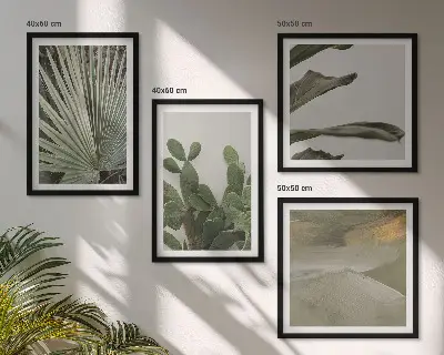 Set de 4 cuadros para salón con hojas de plantas tropicales en tonos pastel