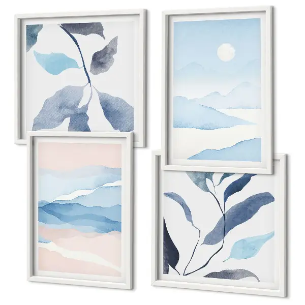 Galería de pared con paisajes de montaña y plantas en acuarela