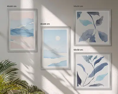 Galería de pared con paisajes de montaña y plantas en acuarela