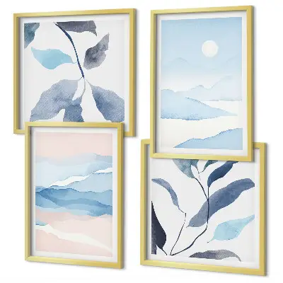 Galería de pared con paisajes de montaña y plantas en acuarela