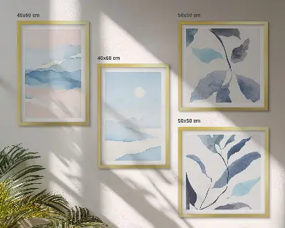 Galería de pared con paisajes de montaña y plantas en acuarela