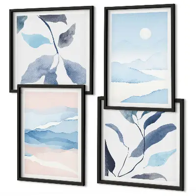 Galería de pared con paisajes de montaña y plantas en acuarela