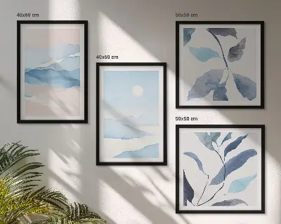 Galería de pared con paisajes de montaña y plantas en acuarela