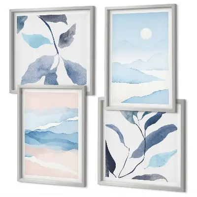 Galería de pared con paisajes de montaña y plantas en acuarela