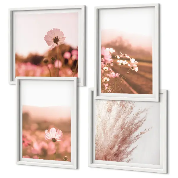 Set de 4 cuadros para salón con diseño de flores silvestres en los prados en verano