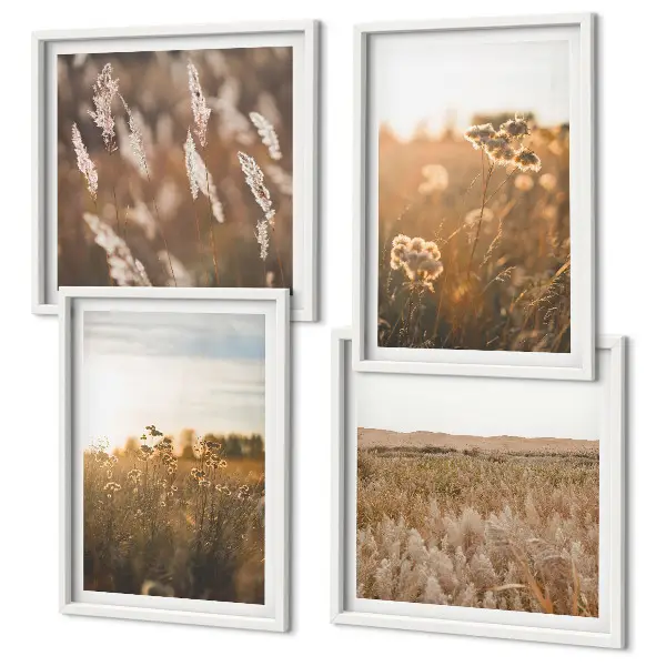 Set de 4 cuadros para salón motivo de praderas de verano con flores y puesta de sol