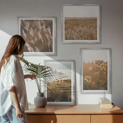 Set de 4 cuadros para salón motivo de praderas de verano con flores y puesta de sol