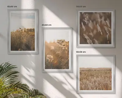 Set de 4 cuadros para salón motivo de praderas de verano con flores y puesta de sol