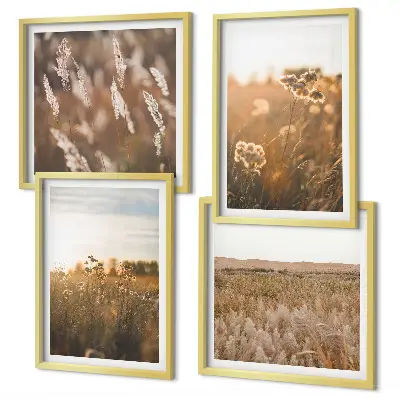 Set de 4 cuadros para salón motivo de praderas de verano con flores y puesta de sol