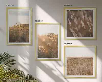 Set de 4 cuadros para salón motivo de praderas de verano con flores y puesta de sol