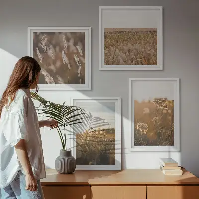Set de 4 cuadros para salón motivo de praderas de verano con flores y puesta de sol