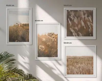 Set de 4 cuadros para salón motivo de praderas de verano con flores y puesta de sol