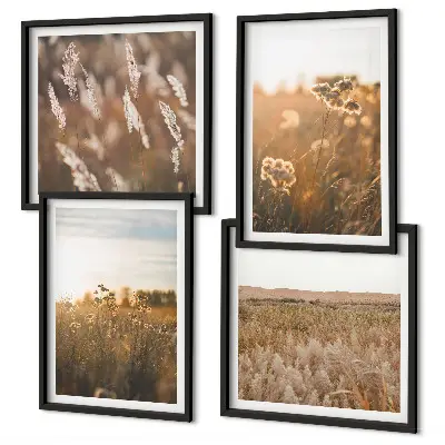 Set de 4 cuadros para salón motivo de praderas de verano con flores y puesta de sol