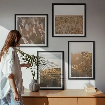 Set de 4 cuadros para salón motivo de praderas de verano con flores y puesta de sol