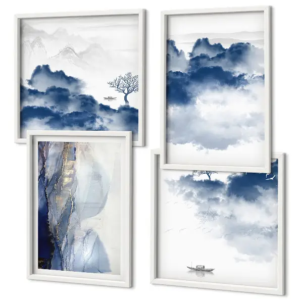 Galería de pared con diseño de montañas, nubes, árboles y pájaros sobre fondo