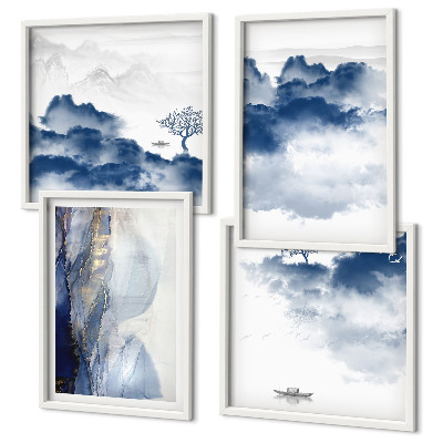 Galería de pared Montañas, nubes, árboles, pájaros, fondo