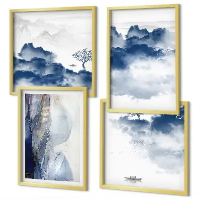 Galería de pared con diseño de montañas, nubes, árboles y pájaros sobre fondo
