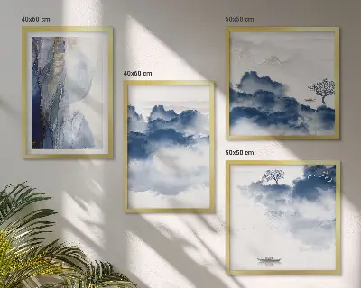 Galería de pared con diseño de montañas, nubes, árboles y pájaros sobre fondo