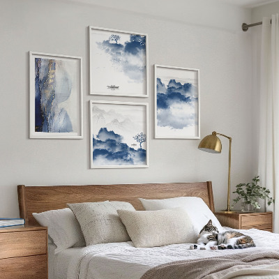 Galería de pared Montañas, nubes, árboles, pájaros, fondo
