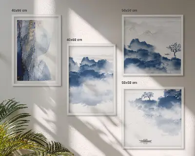 Galería de pared con diseño de montañas, nubes, árboles y pájaros sobre fondo