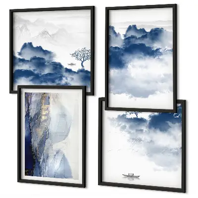 Galería de pared con diseño de montañas, nubes, árboles y pájaros sobre fondo