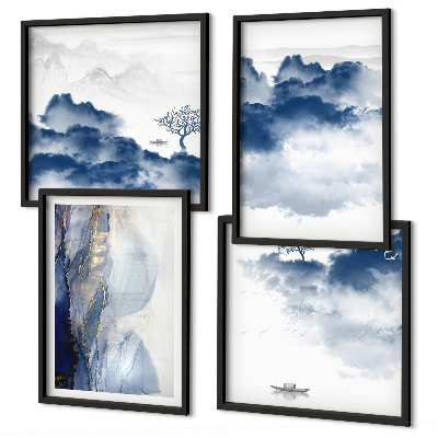 Galería de pared Montañas, nubes, árboles, pájaros, fondo