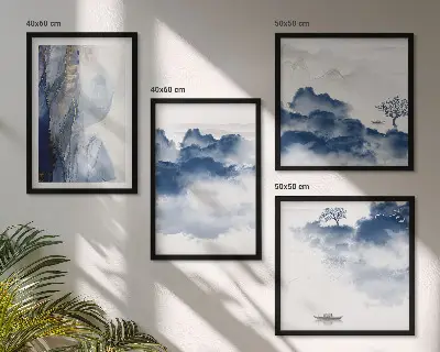 Galería de pared con diseño de montañas, nubes, árboles y pájaros sobre fondo