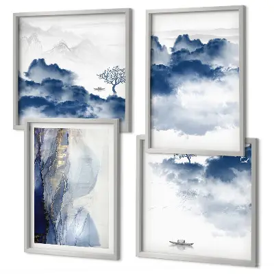 Galería de pared con diseño de montañas, nubes, árboles y pájaros sobre fondo