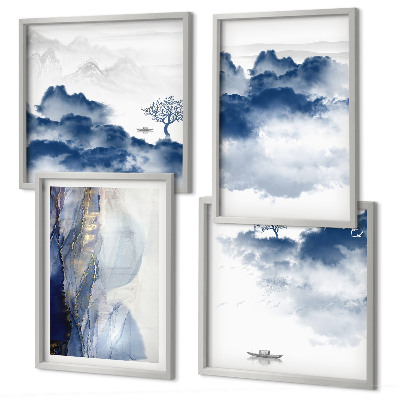 Galería de pared Montañas, nubes, árboles, pájaros, fondo