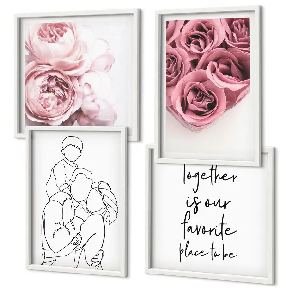 Set de 4 cuadros para salón con diseño de ramos de rosas dibujados a mano