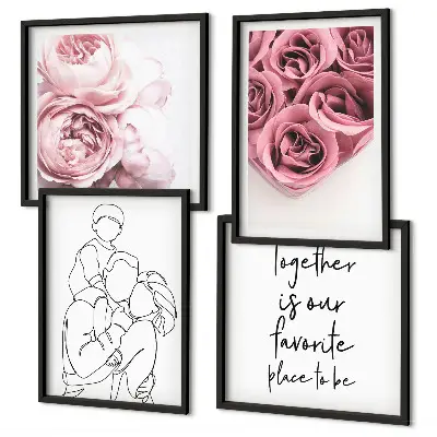 Set de 4 cuadros para salón con diseño de ramos de rosas dibujados a mano
