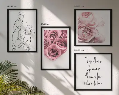 Set de 4 cuadros para salón con diseño de ramos de rosas dibujados a mano