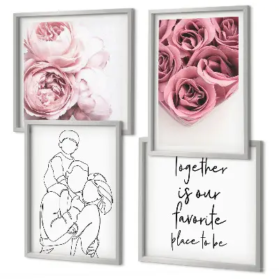 Set de 4 cuadros para salón con diseño de ramos de rosas dibujados a mano