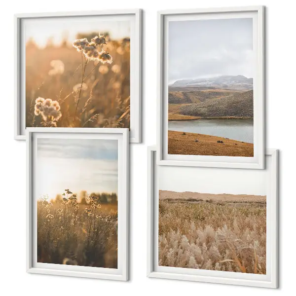 Set de 4 cuadros de paisajes con motivos de prados, montañas y lago para salón