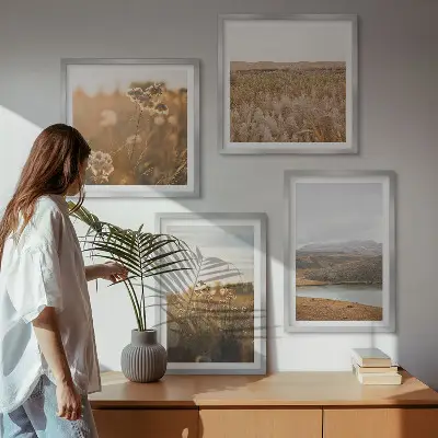 Set de 4 cuadros de paisajes con motivos de prados, montañas y lago para salón
