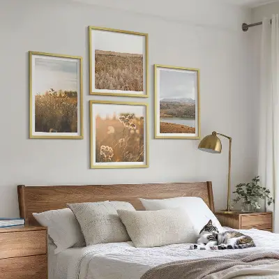 Set de 4 cuadros de paisajes con motivos de prados, montañas y lago para salón
